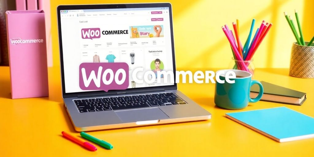 Laptop mit WooCommerce-Dashboard in einem modernen Arbeitsbereich.