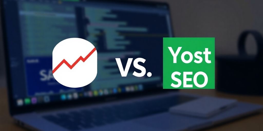 Rank Math und Yoast SEO Logos auf digitalem Hintergrund.