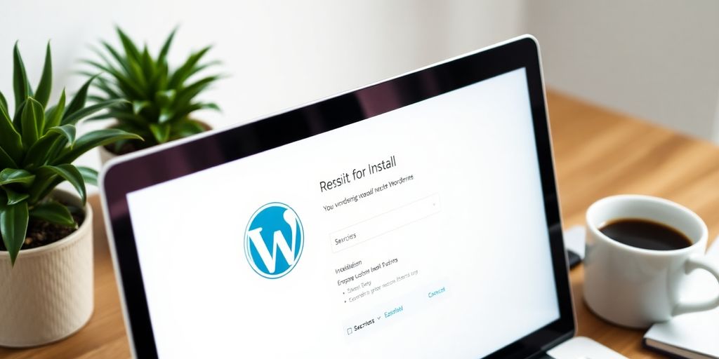 Laptop mit WordPress Installationsbildschirm und Schreibtischaccessoires.
