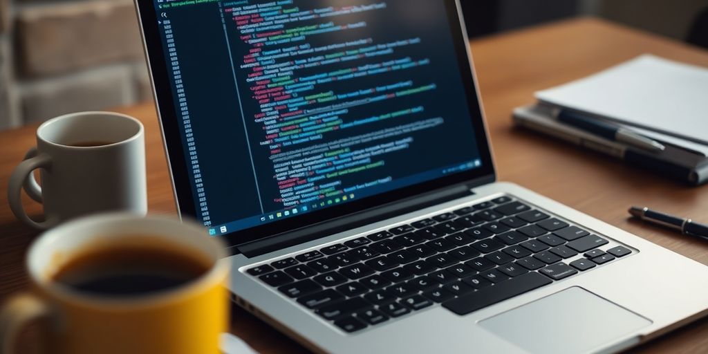 Laptop mit Code, Kaffeetasse und Notizen daneben.