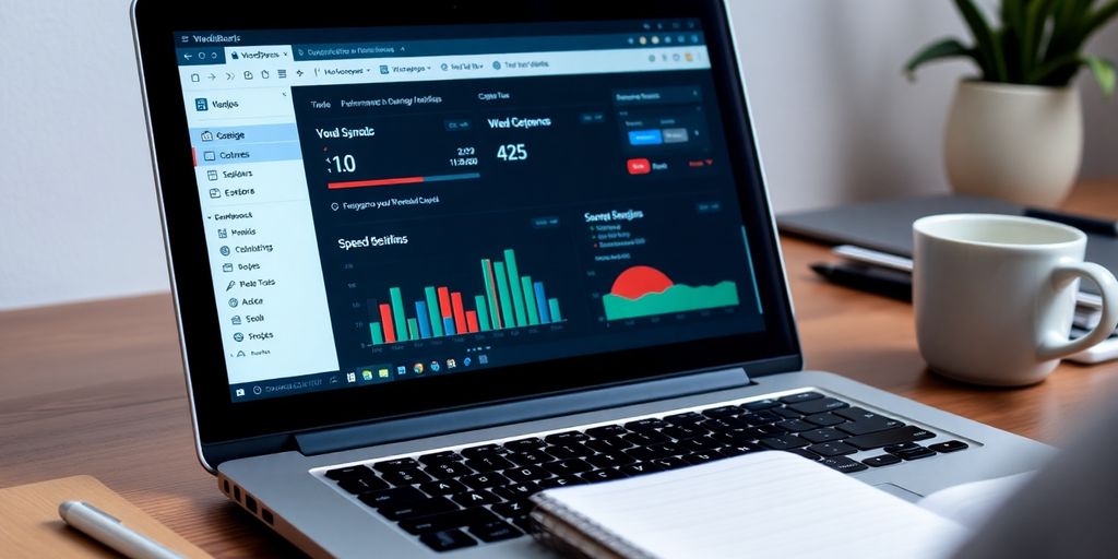 Laptop-Bildschirm mit WordPress und Leistungsmetriken.
