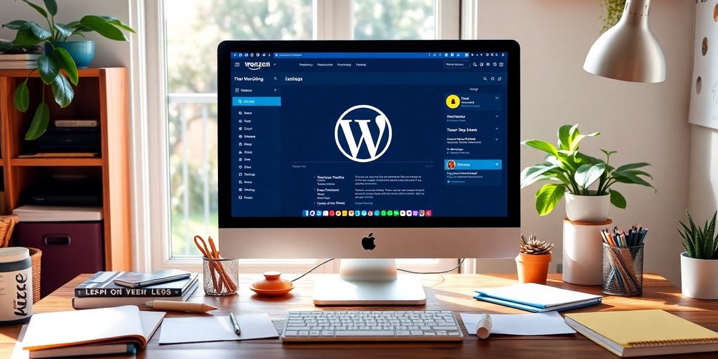 Computer screen mit WordPress SEO-Dashboard und Arbeitsmaterialien.